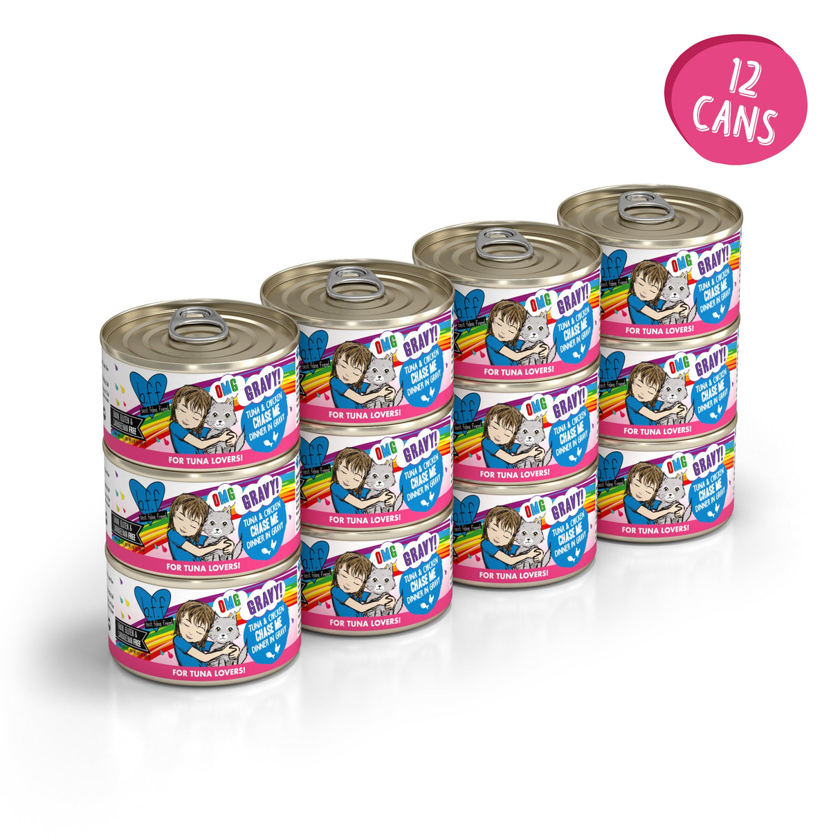 Twelve cans of BFF Best Feline Friend Tuna & Chicken Chase Me, stacked in three rows of four, with colorful labels featuring a happy child and a pink sticker in the corner that reads 12 Cans.