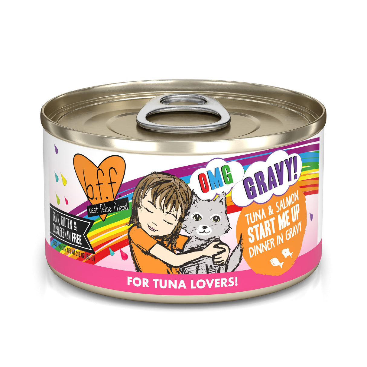 A can of BFF Best Feline Friend Tuna & Salmon Start Me Up, featuring a child hugging a cat, rainbow accents, and text promoting it as gluten and grain free—perfect for gravy-loving cats.