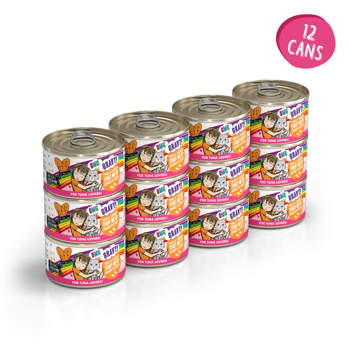Twelve cans of BFF Best Feline Friend Tuna & Salmon Start Me Up cat food, arranged in three stacks of four. Each can features a colorful label with a cartoon cat and fish, plus a pink circle reading 12 cans.