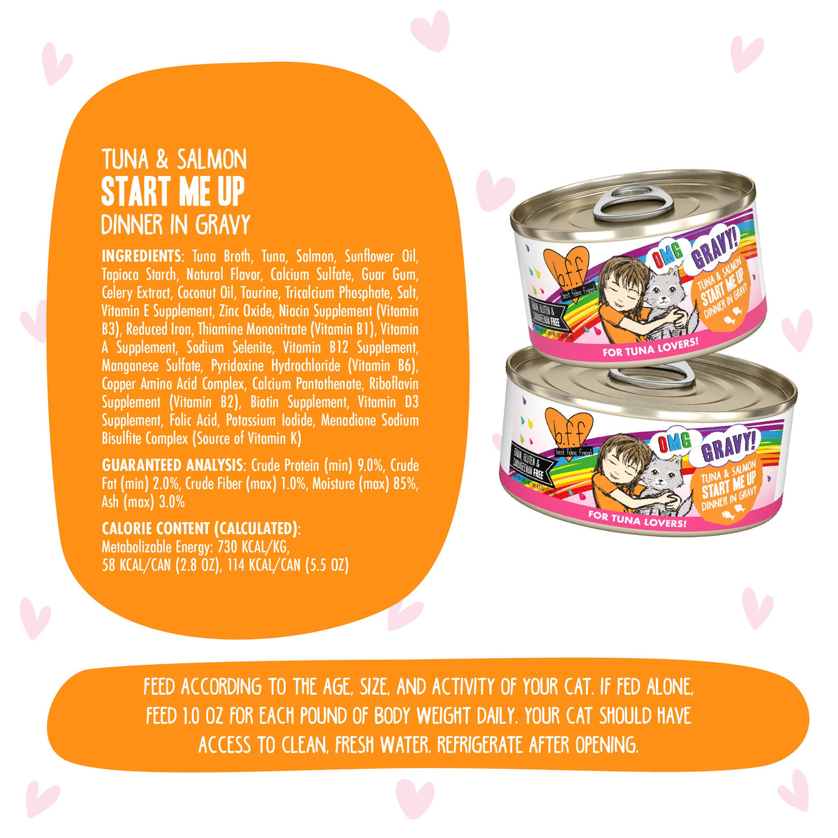 Two cans of BFF Best Feline Friend Tuna & Salmon Start Me Up cat food sit on a white background with pink hearts, ingredients, nutrition facts, and feeding instructions—ideal for gravy-loving cats craving wild-caught tuna and salmon.
