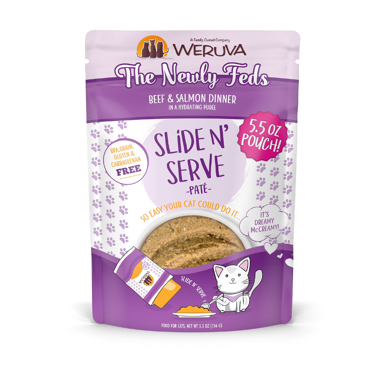 A 5.5 oz pouch of Weruva The Newly Feds cat food, a grain-free hydrating purée with grass-fed beef and wild-caught salmon, in a purple and white package featuring cartoon cat and pet food illustrations.