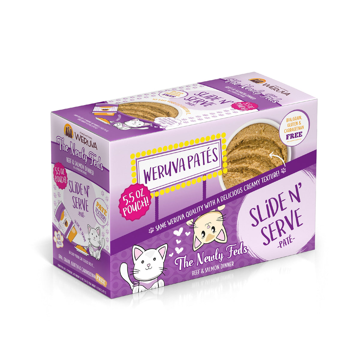 A box of Weruva The Newly Feds Patés Slide N Serve for cats, grain-free beef and wild-caught salmon flavor in 5.5 oz pouches. Purple and white pack with cartoon cats and a window displays the food inside.