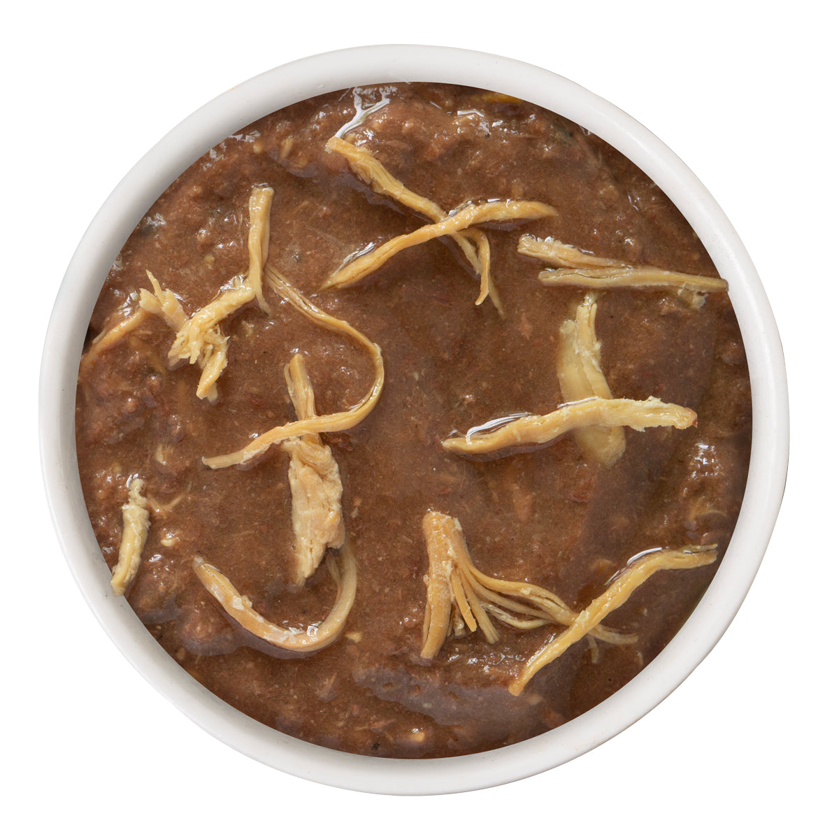 A white bowl filled with BFF Best Feline Friend Tuna & Chicken Chase Me, featuring shredded chicken and tuna in dark brown gravy, viewed from above on a white background.