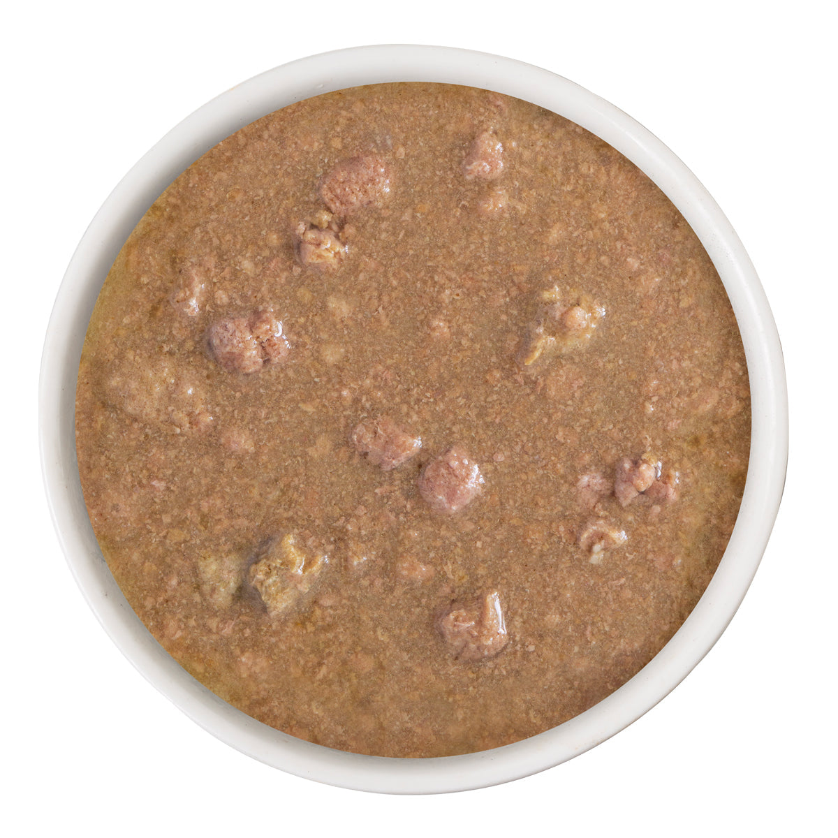 A bowl of BFF Best Feline Friend Chicken & Duck Dream Team cat food, featuring brown, chunky gravy and cage-free chicken, shown from above in a white dish on a white background.