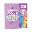 Weruva Puddy Pops Lickable Cat Treat Variety Pack has 24 hydrating treats in chicken, chicken & pumpkin, and tuna & salmon flavors. The purple box features a cartoon cat. Made with high-quality ingredients by Weruva.