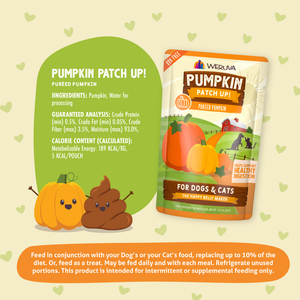 A pouch of Weruva Puréed Pumpkin Supplement next to a green speech bubble containing ingredients, guaranteed analysis, and calorie content, with a cartoon pumpkin and poop emoji at the bottom left.