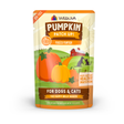 Weruva Puréed Pumpkin Supplement pouch for dogs and cats, featuring an illustration of pumpkins, a red barn, and silhouettes of a dog and cat on a farm.