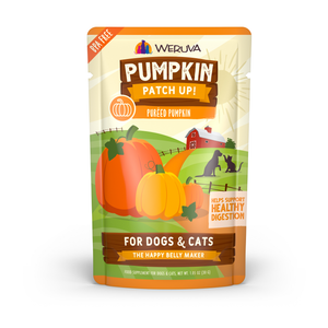 Weruva Puréed Pumpkin Supplement pouch for dogs and cats, featuring an illustration of pumpkins, a red barn, and silhouettes of a dog and cat on a farm.