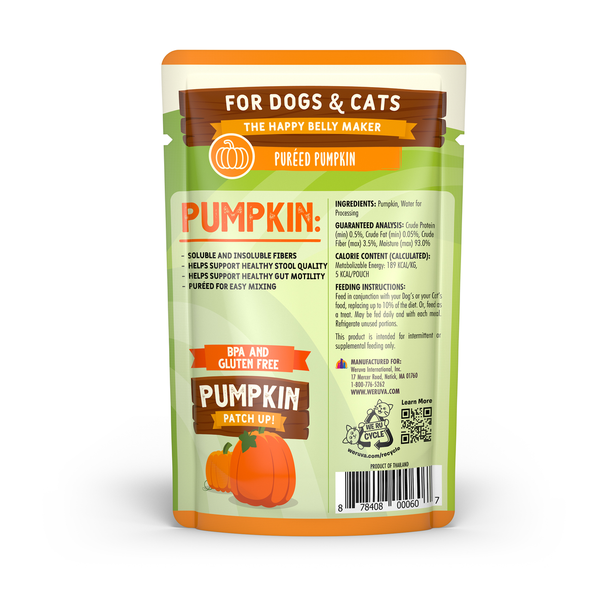 A pouch of Weruva Puréed Pumpkin Supplement for digestive support in dogs and cats, featuring nutritional information, feeding instructions, and a QR code on the back label.