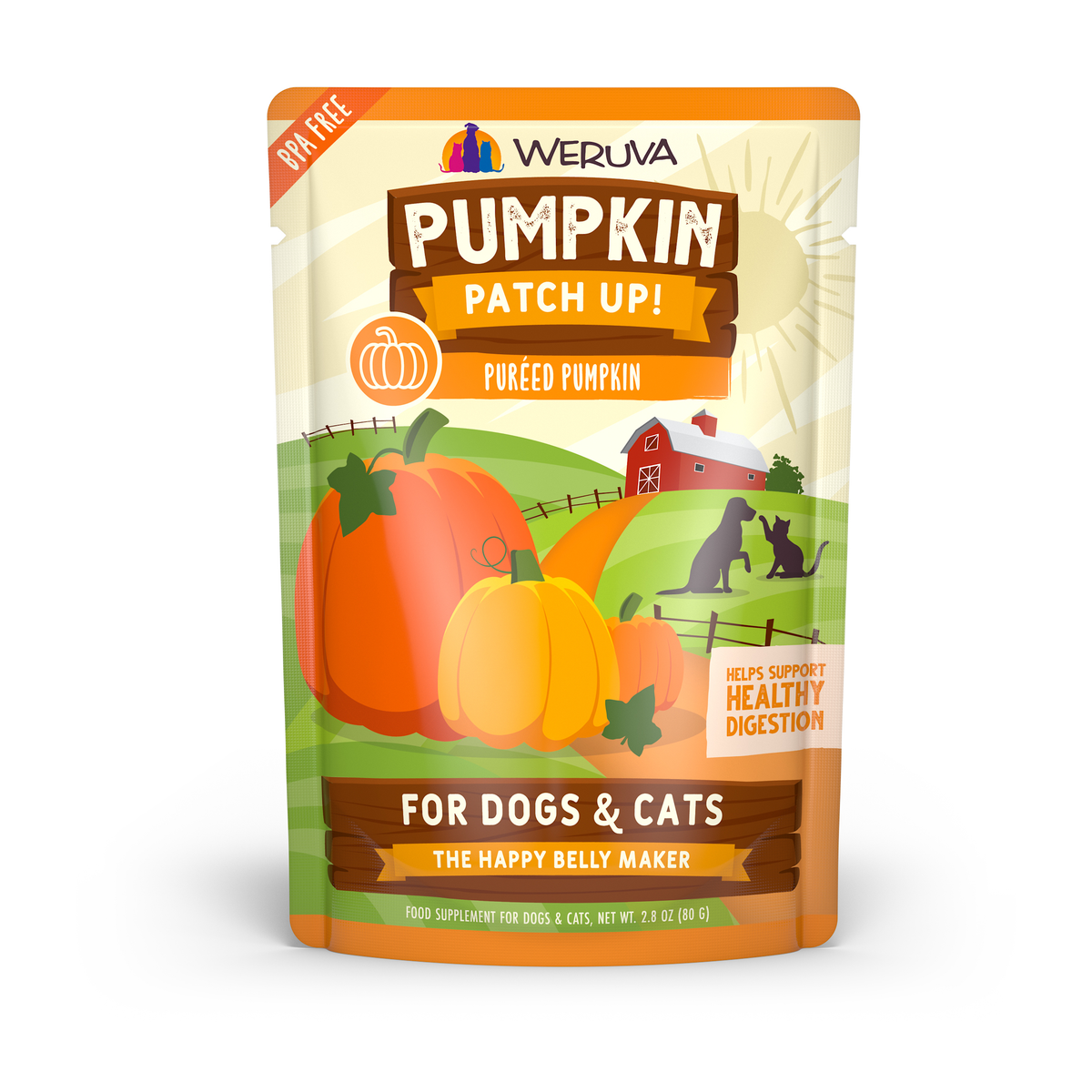 A pouch of Weruva Puréed Pumpkin Supplement for pets, featuring an illustration of pumpkins, a red barn, and the silhouettes of a dog and cat on a farm.