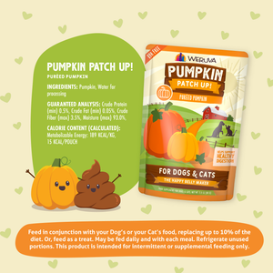 A pouch of Weruva Puréed Pumpkin Supplement for dogs and cats next to its ingredient list and nutritional facts, accompanied by cartoon illustrations of a pumpkin and a smiling poop character.
