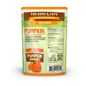 A pouch of Weruva Puréed Pumpkin Supplement for digestive support, featuring nutritional information, feeding instructions, and a QR code for recycling.