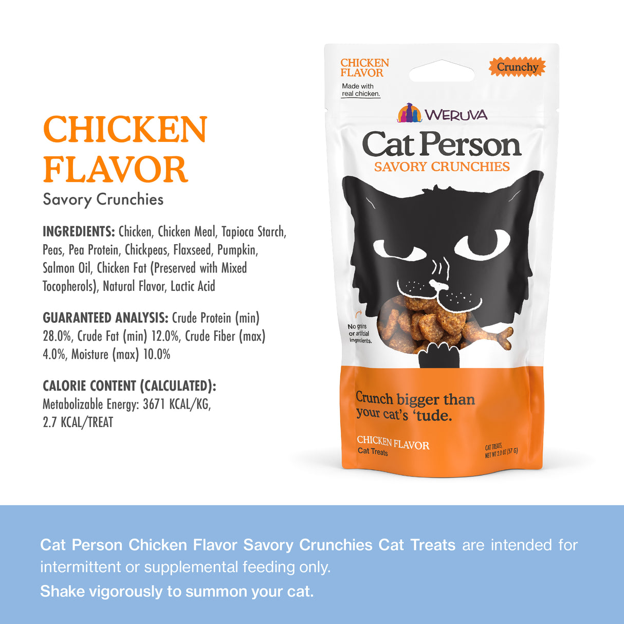 A white and orange bag of Cat Person Chicken Savory Crunchies features a black cat illustration enjoying crunchy chicken treats. Packaging highlights low-calorie cat treats, ingredients, nutrition facts, and feeding instructions.