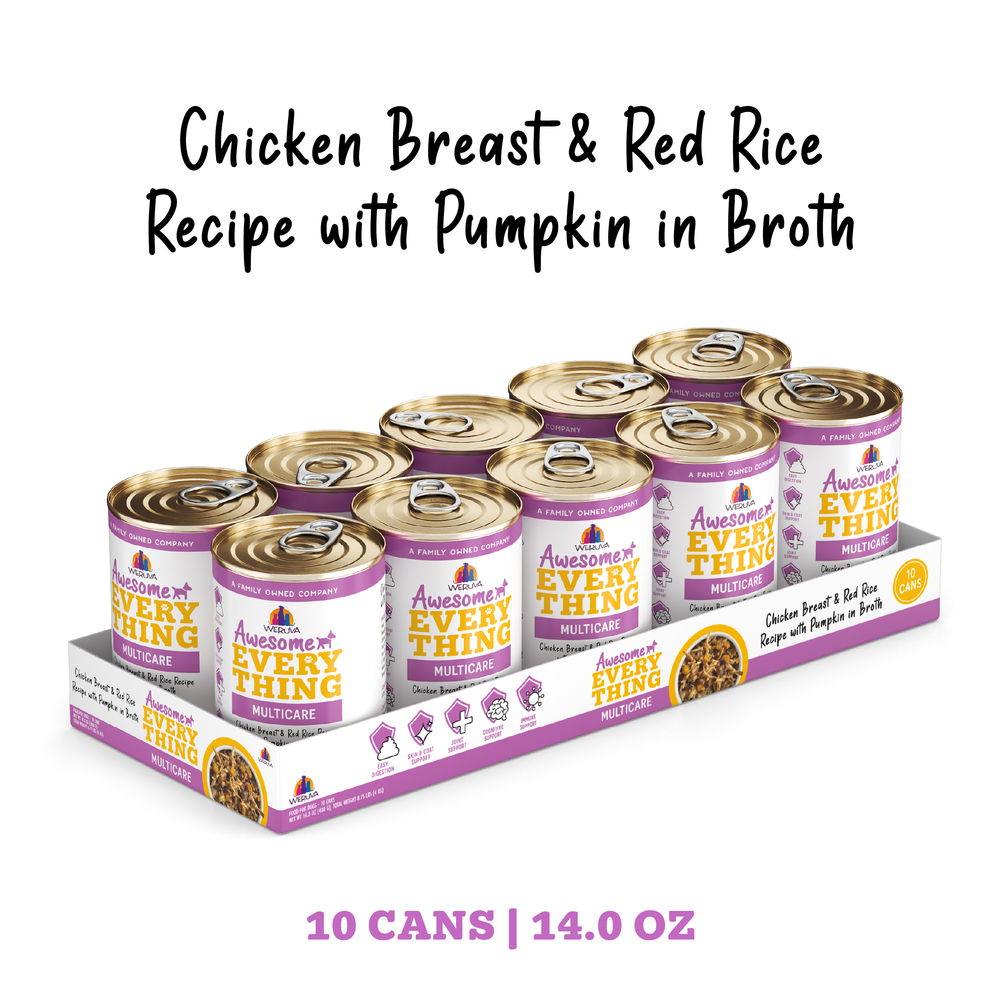 A tray of ten 14.0 oz cans of Awesome Functions Awesome Everything Chicken Breast & Red Rice Recipe with Pumpkin cat food, in broth.