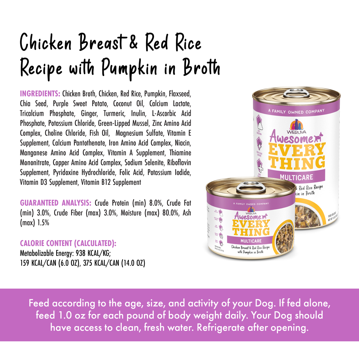 A recipe card for Awesome Functions’ Awesome Everything Chicken Breast & Red Rice Recipe with Pumpkin features cans, ingredients, nutrition facts, and feeding guidelines for this dog wellness food in broth.
