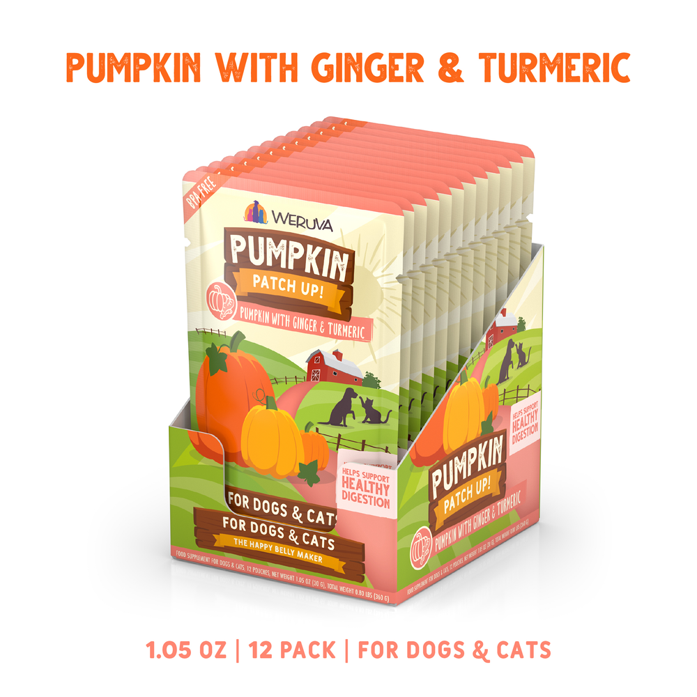 Display box containing twelve individual pouches of Weruva Pumpkin with Ginger & Turmeric Supplement digestive support for dogs and cats.