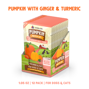 Display box containing twelve individual pouches of Weruva Pumpkin with Ginger & Turmeric Supplement digestive support for dogs and cats.