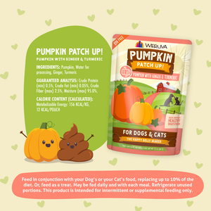 A pouch of Weruva Pumpkin with Ginger & Turmeric Supplement next to a cartoon pumpkin and a cartoon poop character, with listed ingredients and feeding instructions.
