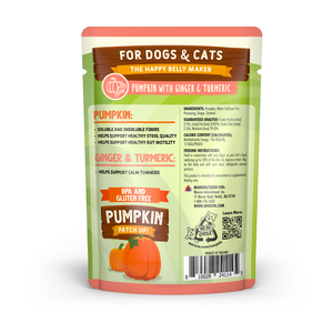 Back of a Weruva Pumpkin with Ginger & Turmeric Supplement pouch showing ingredients, nutritional information, feeding instructions, a QR code, and notes on ginger and turmeric.