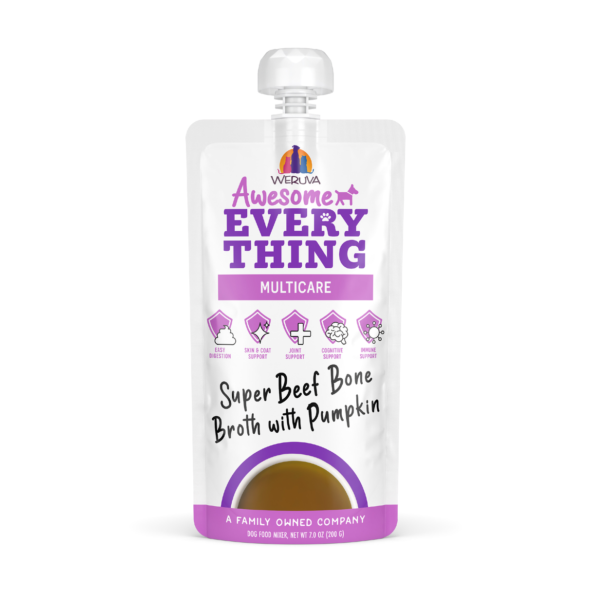 A pouch of Awesome Functions Awesome Everything Super Beef Bone Broth for dogs, a nourishing mixer for whole body wellness. Icons for mobility, skin & coat, digestion, and immune support appear on a white background with purple accents.