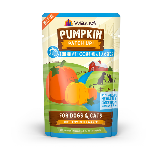 Weruva Pumpkin with Coconut Oil & Flaxseeds Supplement pouch featuring an illustration of pumpkins, a farm, and silhouettes of a dog and cat.