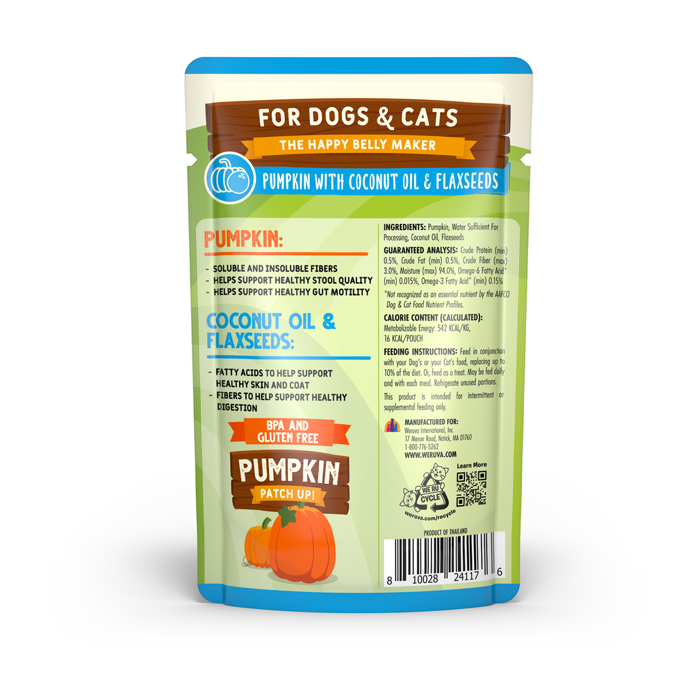 Back of a Weruva Pumpkin with Coconut Oil & Flaxseeds Supplement pouch for dogs and cats, listing digestive support ingredients, omega fatty acids, nutritional analysis, and feeding instructions.