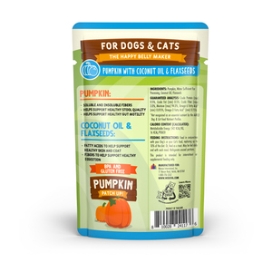 Back of a Weruva Pumpkin with Coconut Oil & Flaxseeds Supplement pouch for dogs and cats, listing digestive support ingredients, omega fatty acids, nutritional analysis, and feeding instructions.