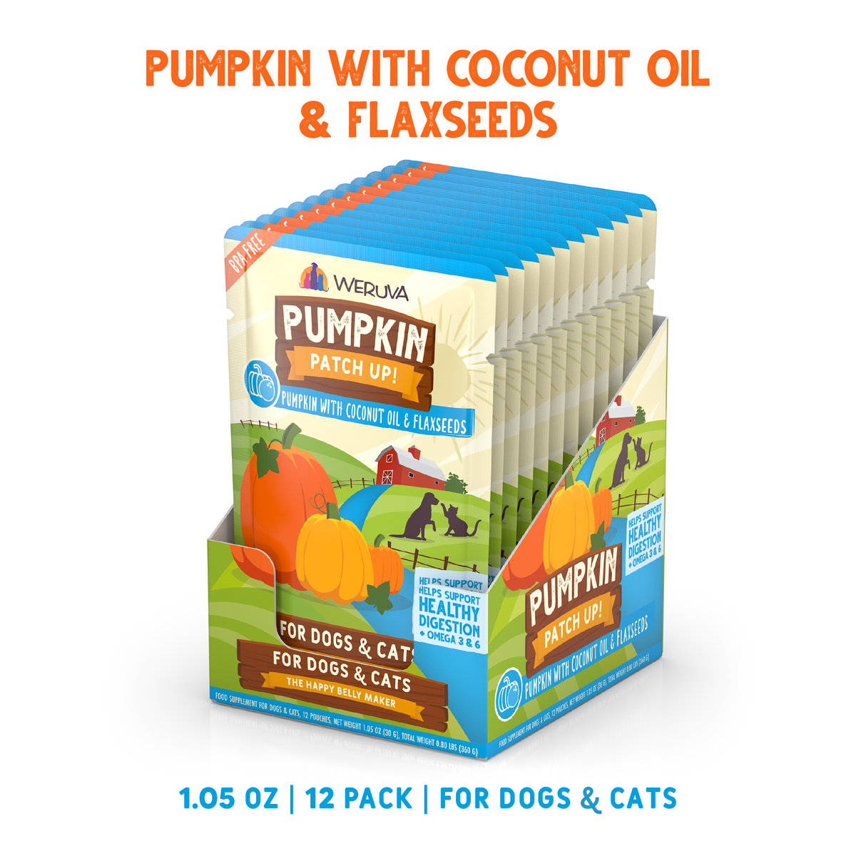 A display box containing twelve individual pouches of Weruva Pumpkin with Coconut Oil & Flaxseeds Supplement.