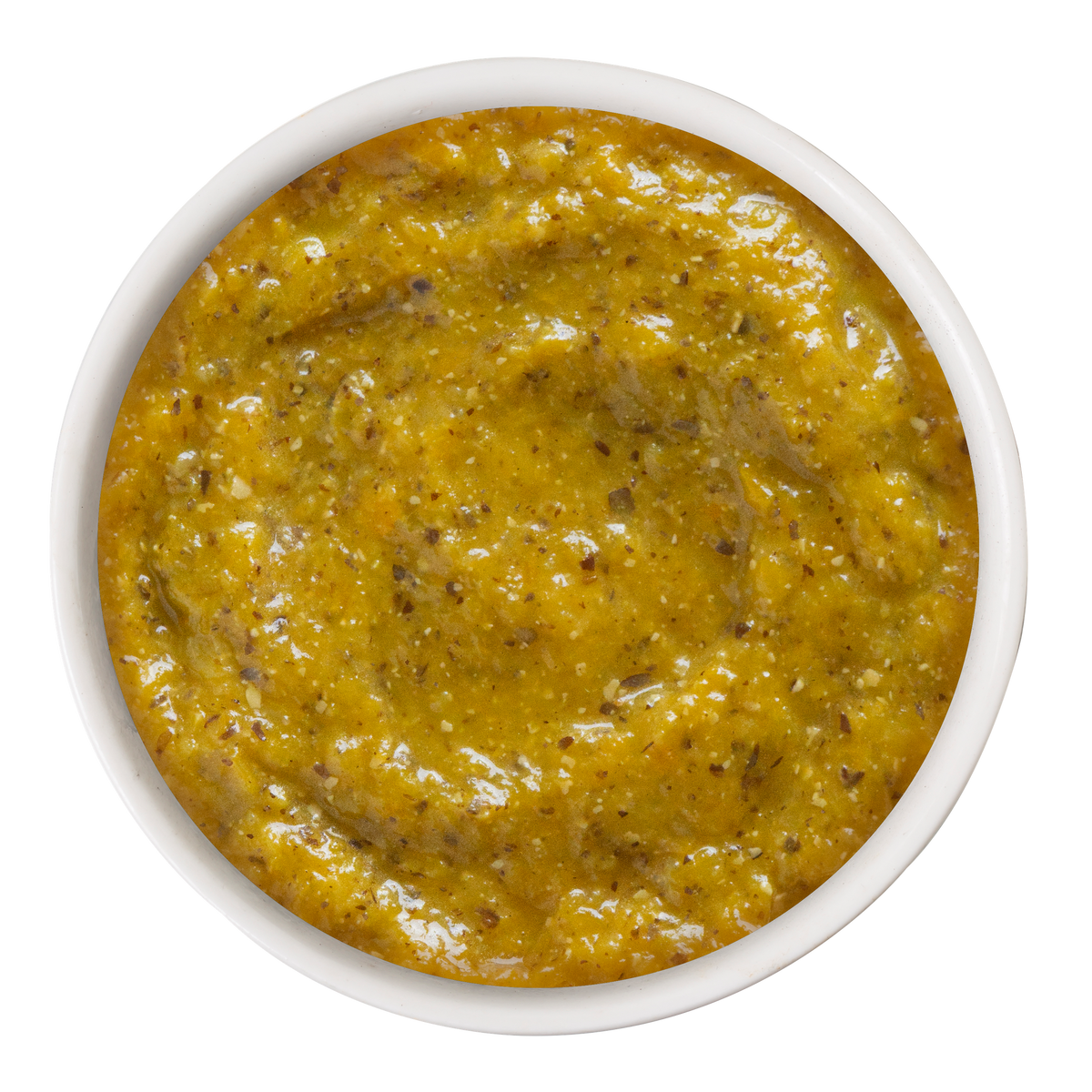 A small bowl of Weruva Pumpkin with Coconut Oil & Flaxseeds Supplement, featuring orange pumpkin puree mixed with flaxseeds.
