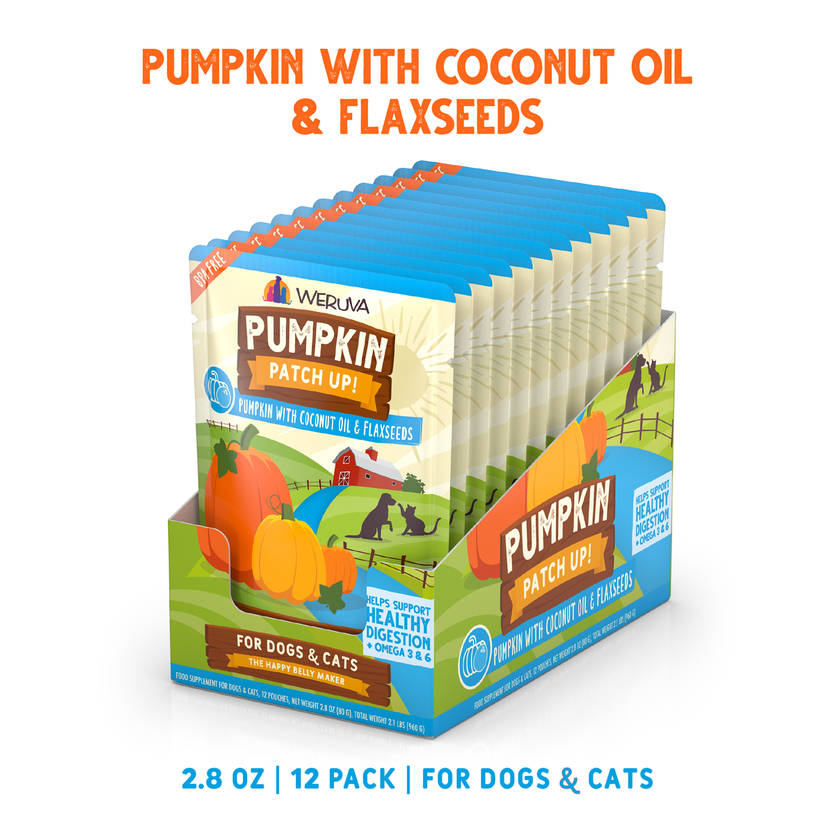 A retail display box containing twelve individual pouches of Weruva Pumpkin with Coconut Oil & Flaxseeds Supplement for digestive support.