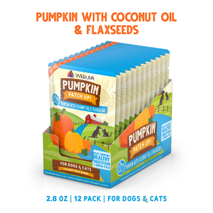 A retail display box containing twelve individual pouches of Weruva Pumpkin with Coconut Oil & Flaxseeds Supplement for digestive support.