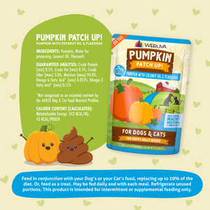 A pouch of Weruva Pumpkin with Coconut Oil & Flaxseeds Supplement beside a smiling pumpkin character and a cartoon poop icon, with a text block detailing ingredients, omega fatty acids, guaranteed analysis, and feeding instructions.