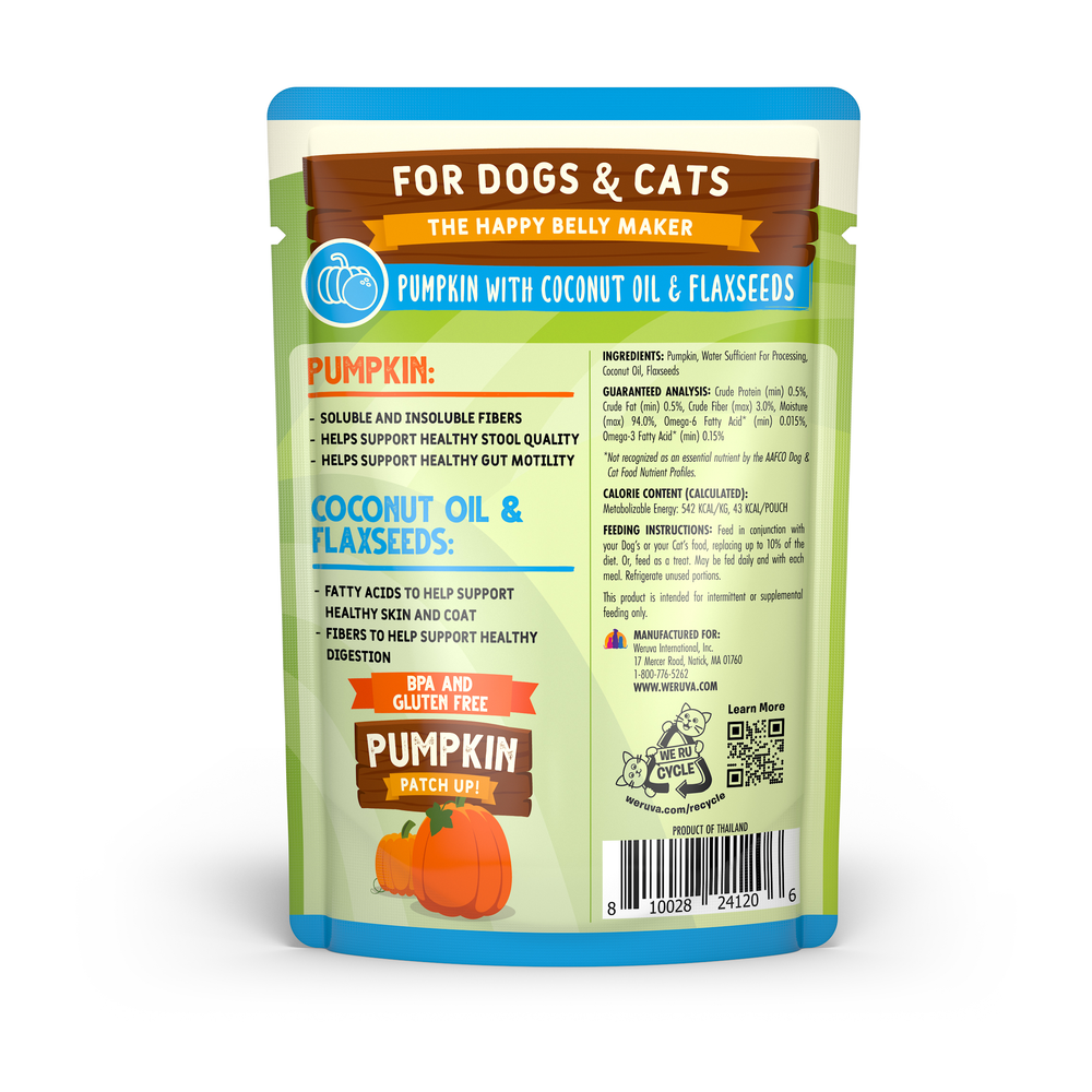 The back of a Weruva Pumpkin with Coconut Oil & Flaxseeds Supplement pouch, showing ingredients for digestive support, guaranteed analysis, and feeding instructions.