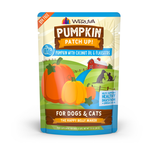 A pouch of Weruva Pumpkin with Coconut Oil & Flaxseeds Supplement for dogs and cats, featuring an illustration of pumpkins and a farm scene.