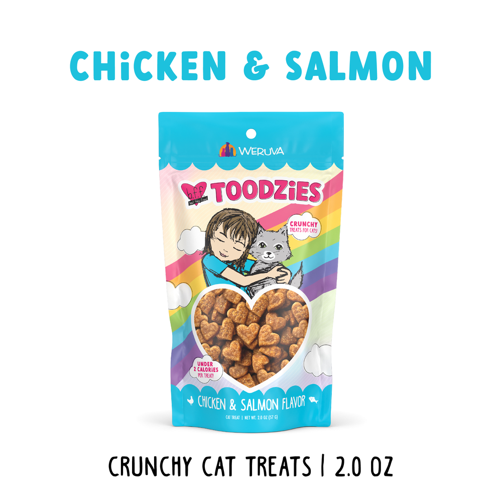 A 2.0 oz bag of BFF Best Feline Friend Chicken & Salmon Flavor Crunchy Cat Treats features a colorful package with a girl hugging a gray cat and reads “Chicken & Salmon” and “Crunchy Cat Treats.”.