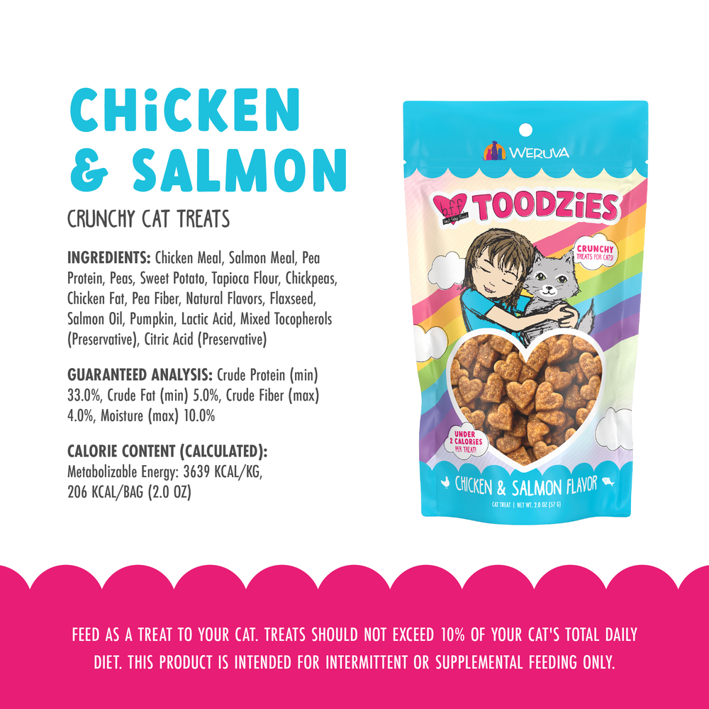 A vibrant pack of BFF Best Feline Friend Chicken & Salmon Flavor Crunchy Cat Treats stands upright, featuring a cartoon girl hugging her tabby amid clouds and hearts. The USA-made bag shows ingredients and feeding guidelines next to it.