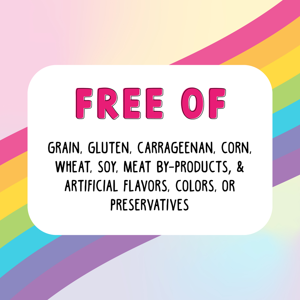 A sign with FREE OF in bold pink letters above a list—grain, gluten, carrageenan, corn, wheat, soy, meat by-products, artificial flavors/colors/preservatives—spotlights BFF Best Feline Friend Chicken & Salmon Flavor Crunchy Cat Treats on a rainbow background.