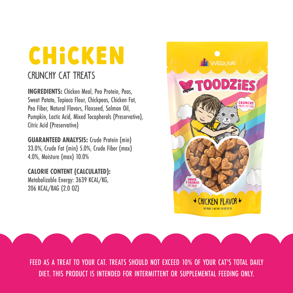 A bag of BFF Best Feline Friend Chicken Flavor Crunchy Cat Treats is shown, featuring a girl holding a gray cat on the package along with ingredients, guaranteed analysis, calorie content, and feeding guidelines.