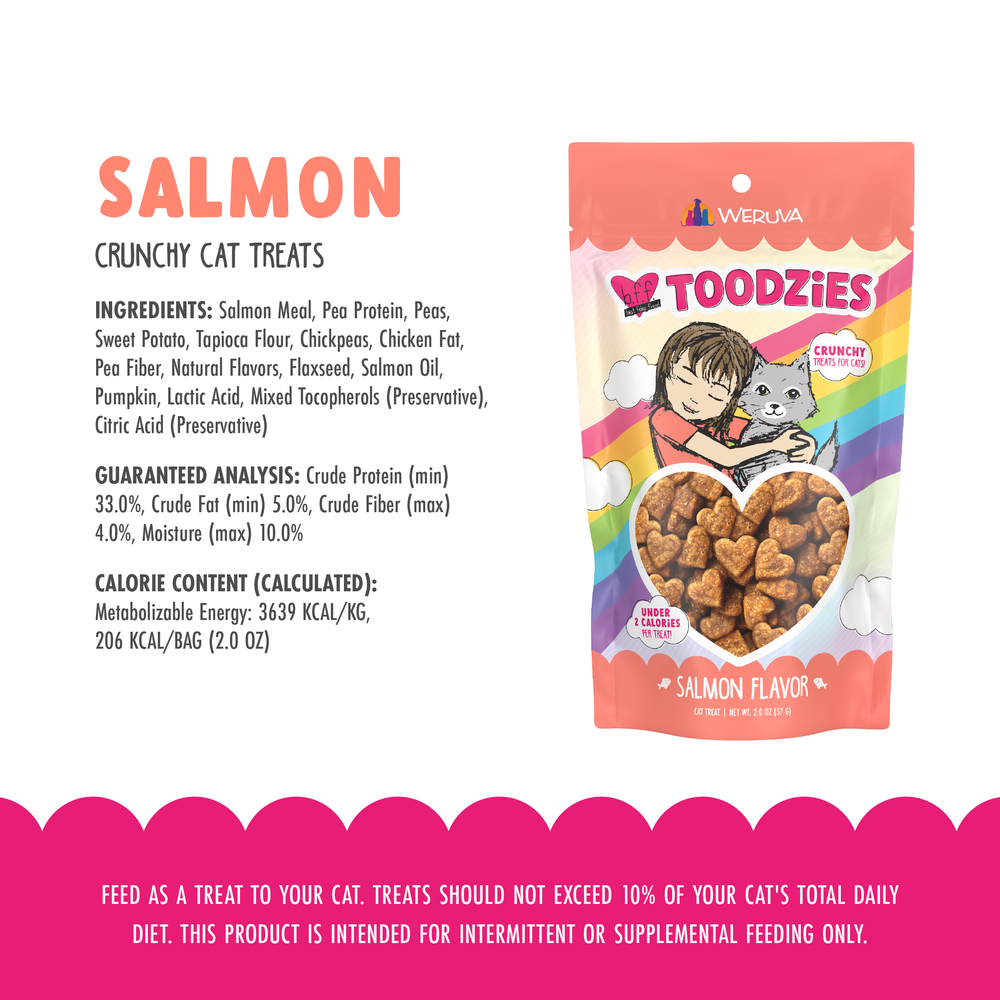 A bag of BFF Best Feline Friend Salmon Flavor Crunchy Cat Treats, made in the USA, is shown with a cartoon girl hugging a cat. Key ingredients, guaranteed analysis, calorie content, and feeding advice are also displayed.