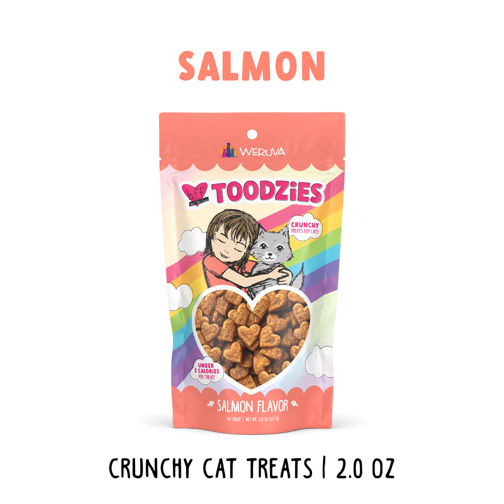 A pink bag of BFF Best Feline Friend Salmon Flavor Crunchy Cat Treats with rainbow stripes, a child hugging a gray cat, and heart-shaped treats in a clear window. Text: Made in USA | Salmon and Crunchy Cat Treats | 2.0 oz.
