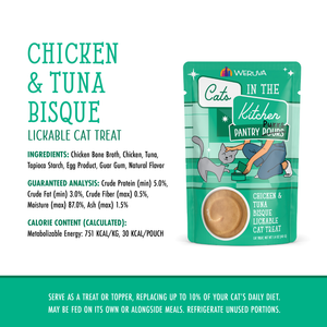 A sachet of Cats in the Kitchen Chicken & Tuna Bisque cat treat sits beside text listing ingredients, guaranteed analysis, and calories, with serving suggestions below. The package features cat graphics and green accents.