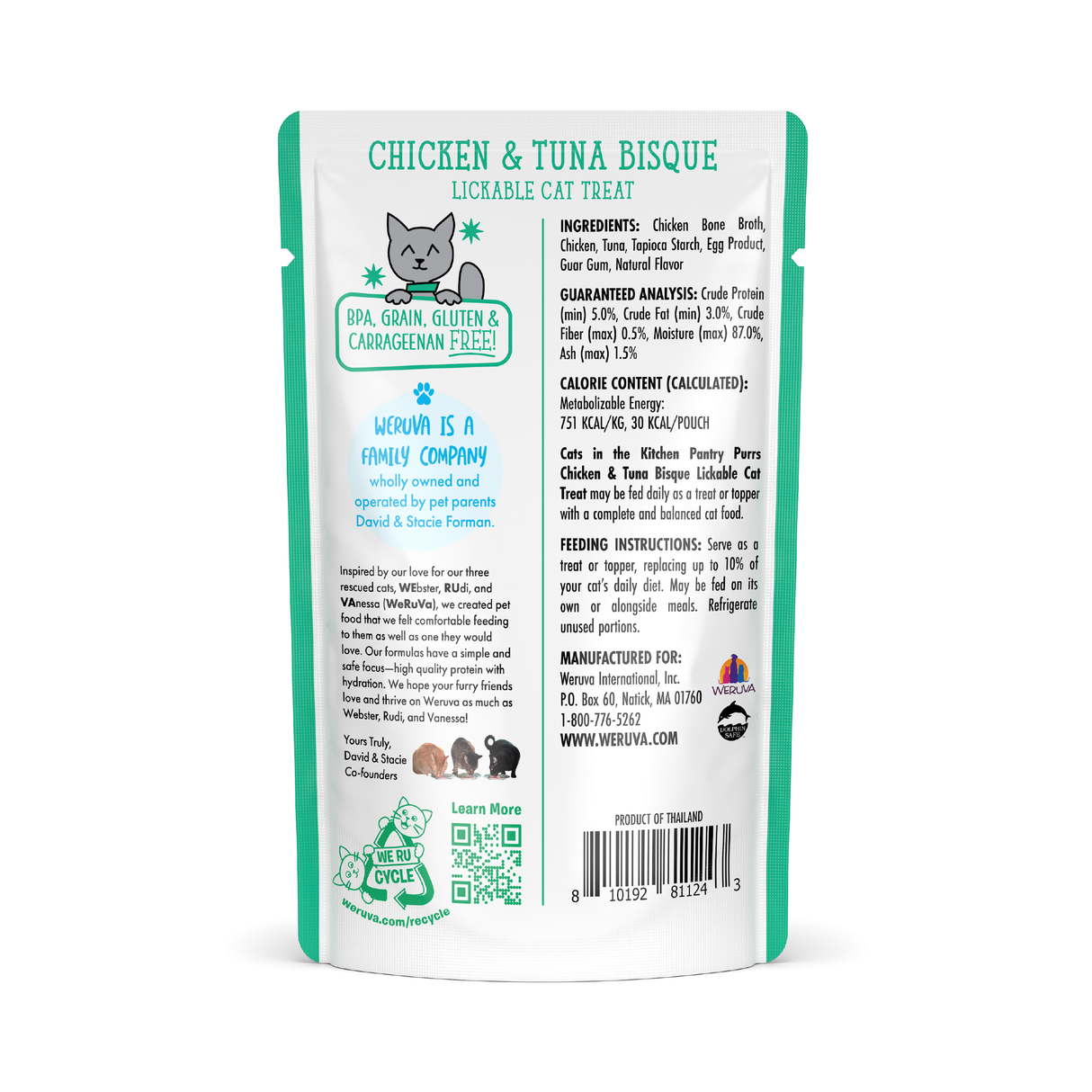 Back of a Cats in the Kitchen Chicken & Tuna Bisque pouch showing ingredients, feeding guide, and nutrition info for this lickable cat treat. Features cat illustration, recycling icons, and a blue area on the family-owned brand.