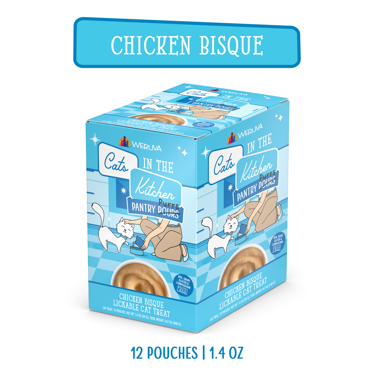 A blue box of Cats in the Kitchen Chicken Bisque lickable cat treats with cartoon cats, containing 12 pouches (1.4 oz each), ideal as a tasty topper for your cat's food.