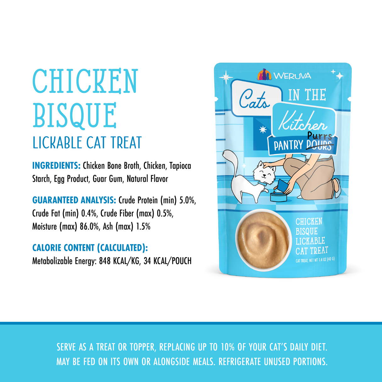 A blue and white Cats in the Kitchen Chicken Bisque cat treat pouch stands upright, with ingredients, guaranteed analysis, and calorie content listed beside it. Serve this lickable treat alone or as a tasty food topper for your cat.