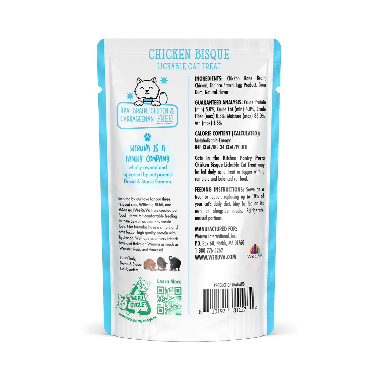 Back view of a Cats in the Kitchen Chicken Bisque pouch shows feeding guide, ingredients, nutrition info, company story, recycling details, and a blue and white cartoon cat. Made with chicken bone broth as a tasty topper for cats.