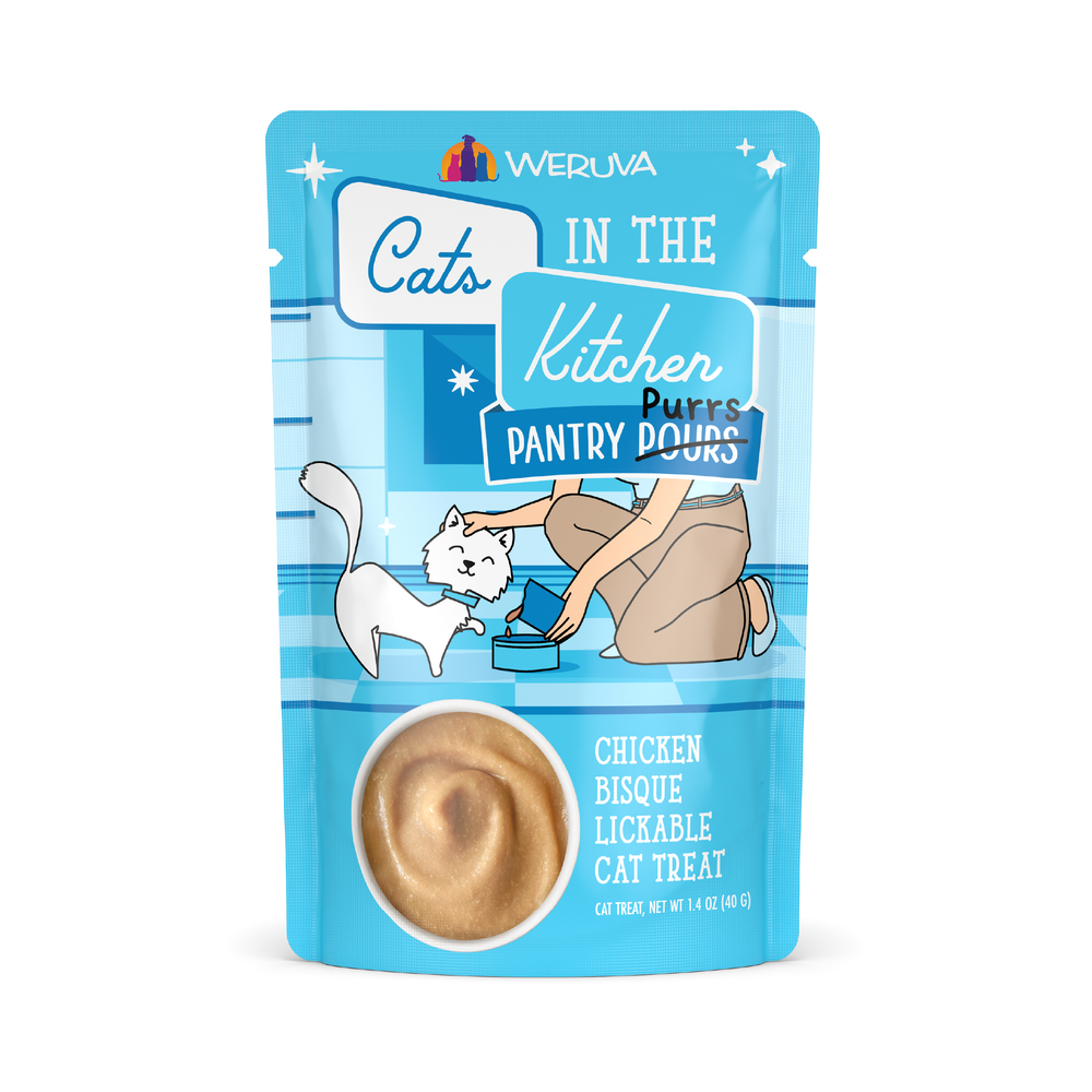 Blue pouch of Cats in the Kitchen Chicken Bisque, featuring chicken bone broth; shows a woman offering food to a happy white cat, with a clear window displaying the treat below.