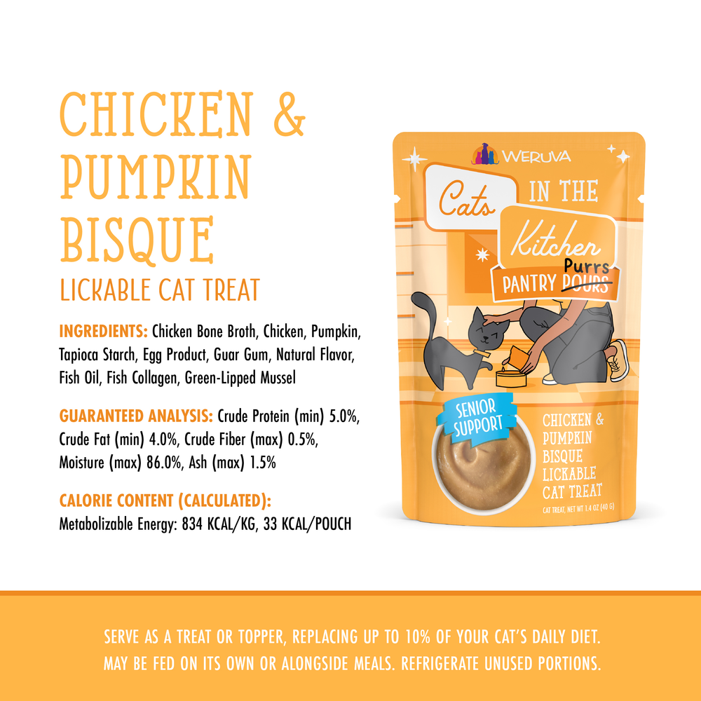 A pouch of Cats in the Kitchen Chicken & Pumpkin Bisque with Senior Support is displayed, showing ingredients, guaranteed analysis, chicken bone broth, and feeding instructions on a white background.