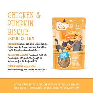 A pouch of Cats in the Kitchen Chicken & Pumpkin Bisque with Senior Support is displayed, showing ingredients, guaranteed analysis, chicken bone broth, and feeding instructions on a white background.