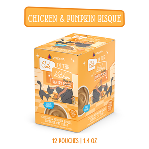 A box of Cats in the Kitchen Chicken & Pumpkin Bisque with Senior Support for senior cats, featuring cartoon cats on the packaging. Includes 12 pouches, each 1.4 oz.