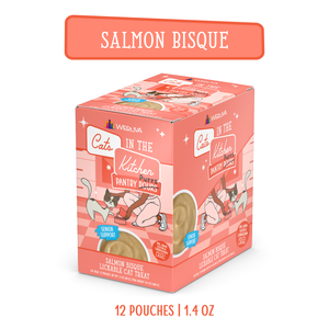 A box of Cats in the Kitchen Salmon Bisque with Senior Support—lickable cat treat pouches for seniors, featuring salmon and green-lipped mussel. Pink and orange packaging shows cats, reads “12 pouches | 1.4 oz” and “Senior Support.”.